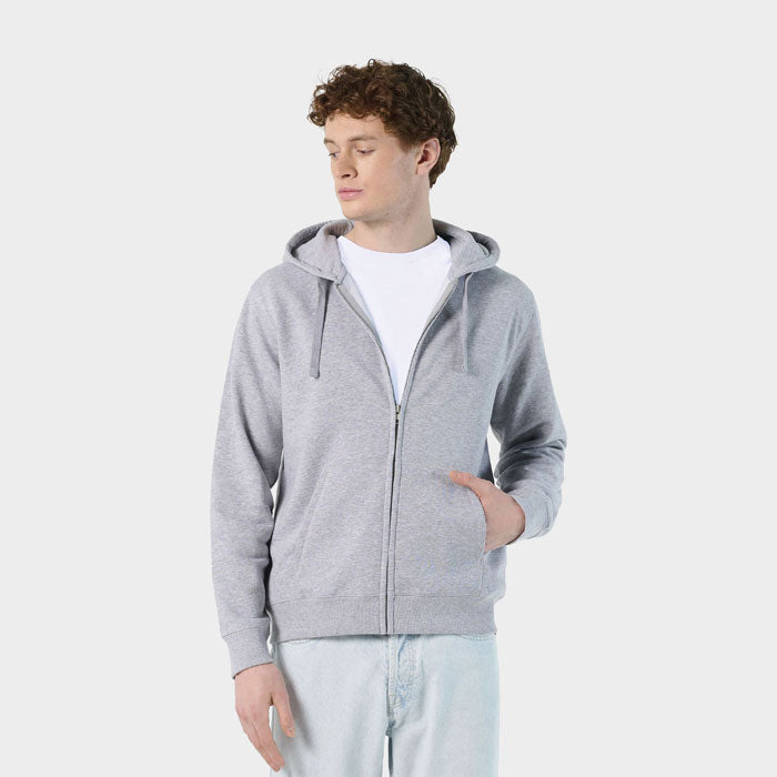 Model wearing a branded men's zip hoodie