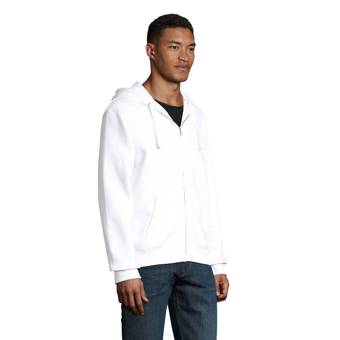 Branded men's zip hoodie, side view