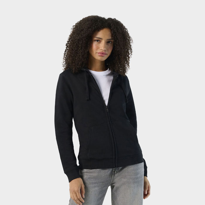 Model wearing a branded women's zip hoodie