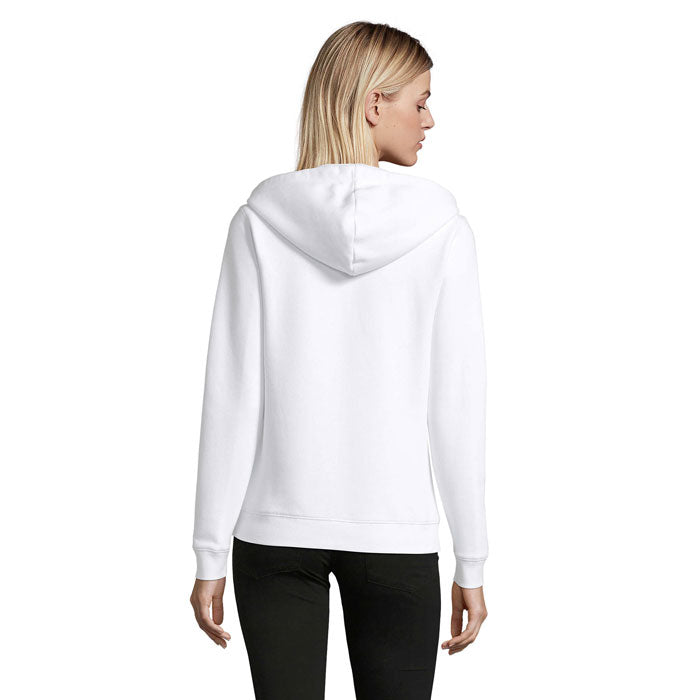Branded women's zip hoodie, back view