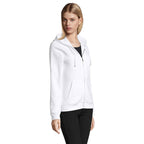 Branded women's zip hoodie, side view