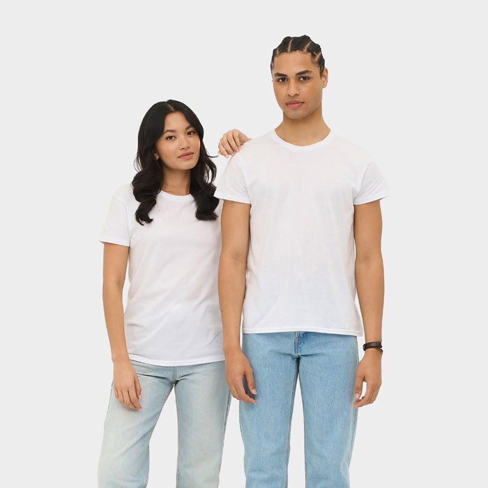 Model wearing a branded lightweight organic t-shirt