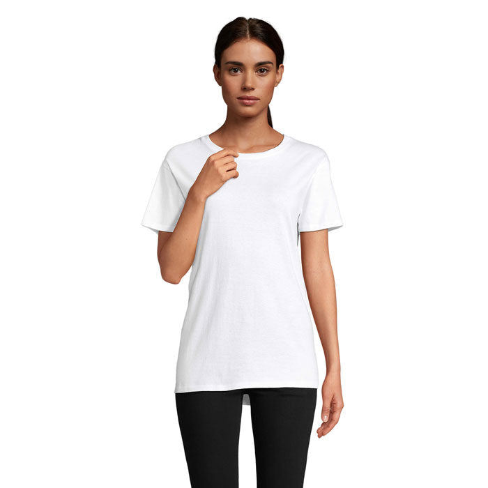 White branded lightweight organic t-shirt, front view
