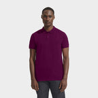 Model wearing a branded organic pique men's polo shirt