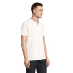 Off-white organic pique men's polo shirt, side view