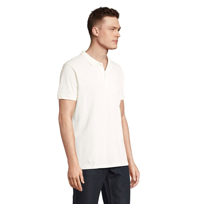 Off-white organic pique men's polo shirt, side view