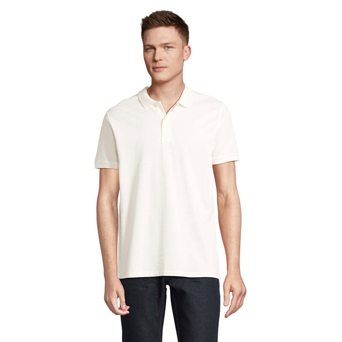 Off-white organic pique men's polo shirt, front view