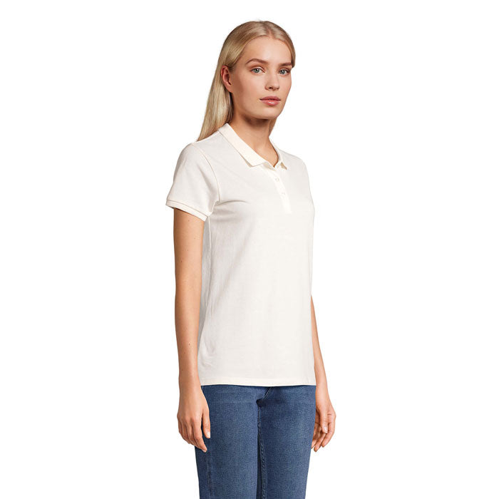 Off-white organic pique women's polo shirt, side view