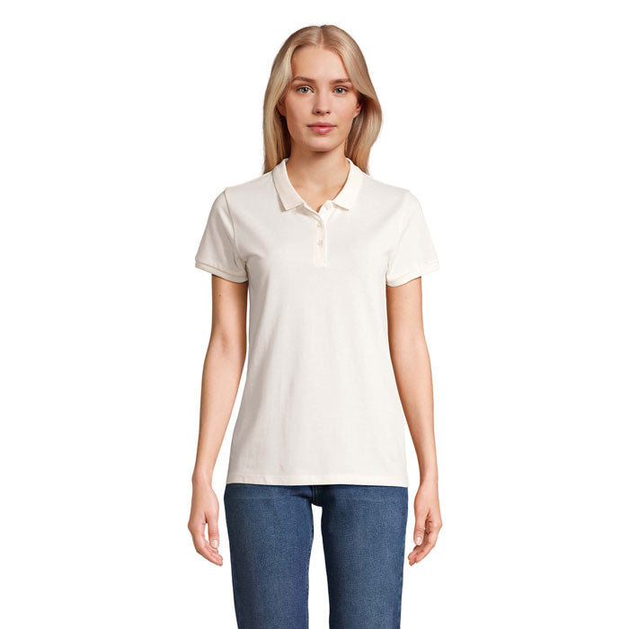 Off-white organic pique women's polo shirt, front view