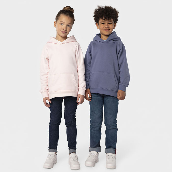 Model wearing a branded kids organic pullover hoodie