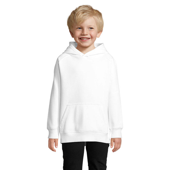 Branded kids organic pullover hoodie, front view