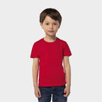 Model wearing a branded organic fitted kids t-shirt