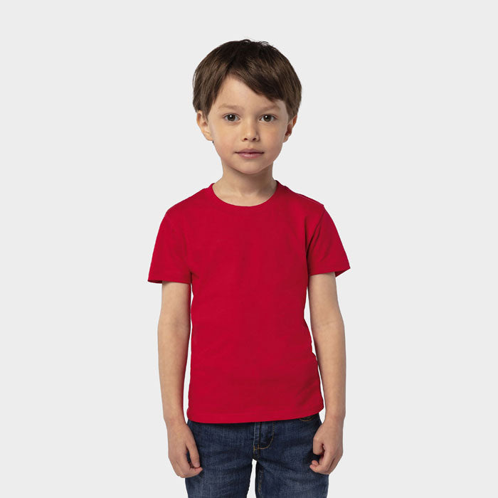 Model wearing a branded organic fitted kids t-shirt