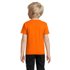 Orange branded organic fitted kids t-shirt, back view