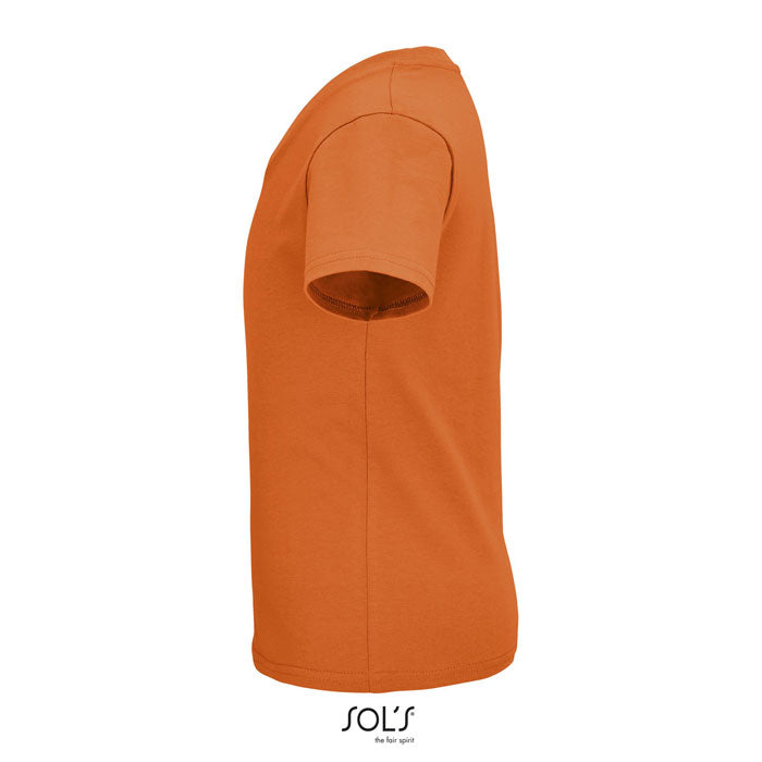 Orange branded organic fitted kids t-shirt, side view
