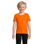 Orange branded organic fitted kids t-shirt, front view