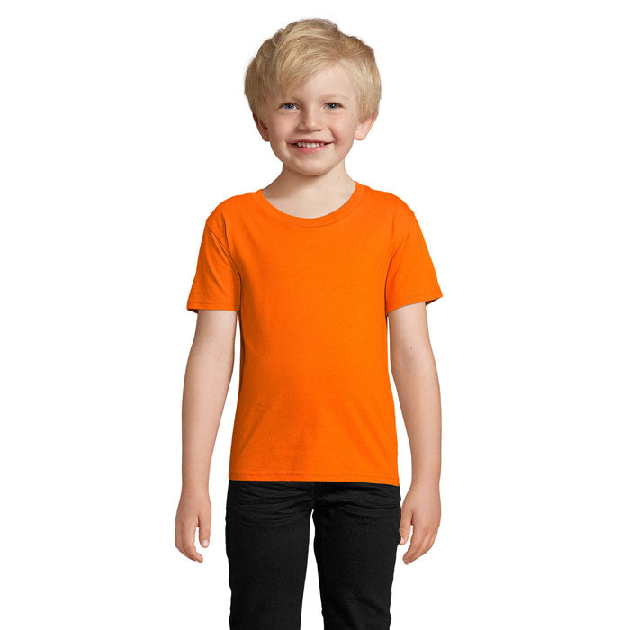 Orange branded organic fitted kids t-shirt, front view