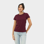 Model wearing a branded organic fitted women's t-shirt