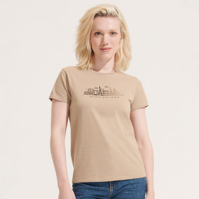 Branded Organic Fitted Women's T-Shirt in use