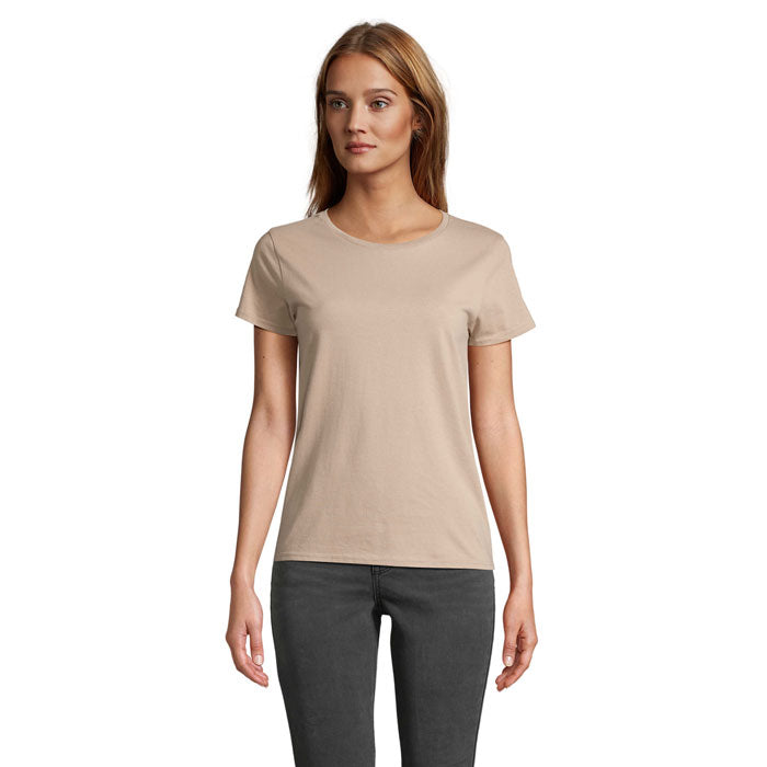 Branded organic fitted women's t-shirt, front view