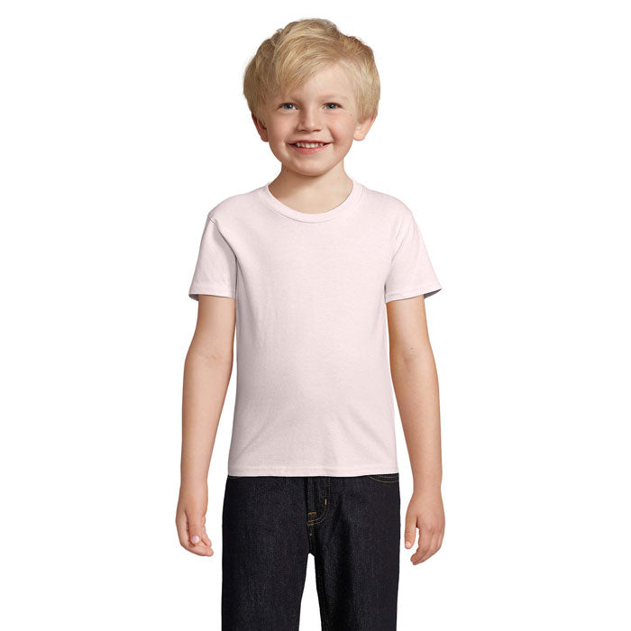 Pink branded value organic kids t-shirt, front view
