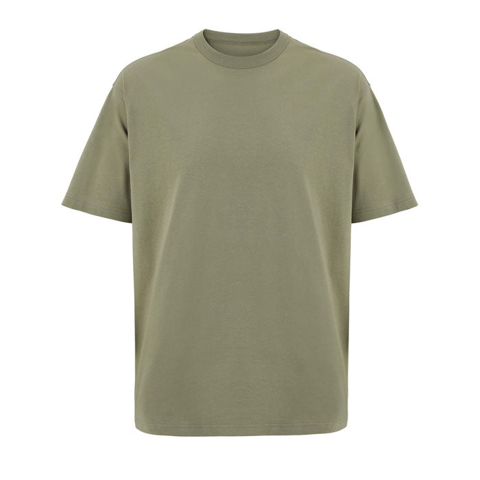 Khaki branded boxy men's t-shirt, front view