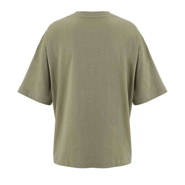 Khaki branded boxy women's t-shirt, back view