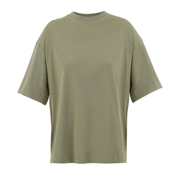 Khaki branded boxy women's t-shirt, front view