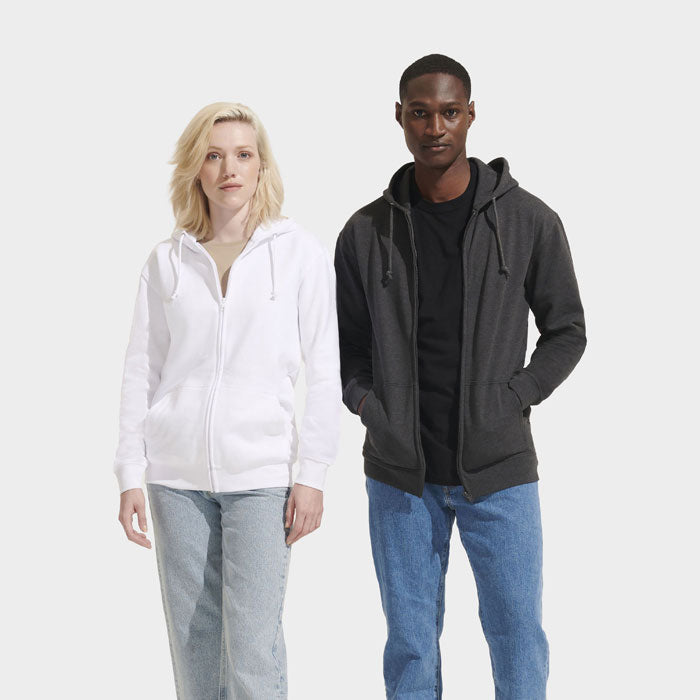 Model wearing a branded full-zip hoodie