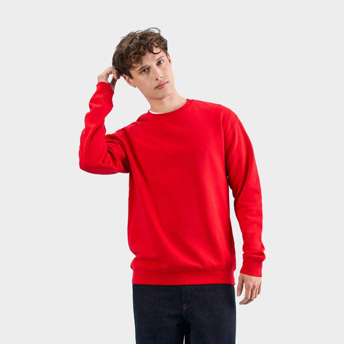 Model wearing a branded round-neck sweatshirt