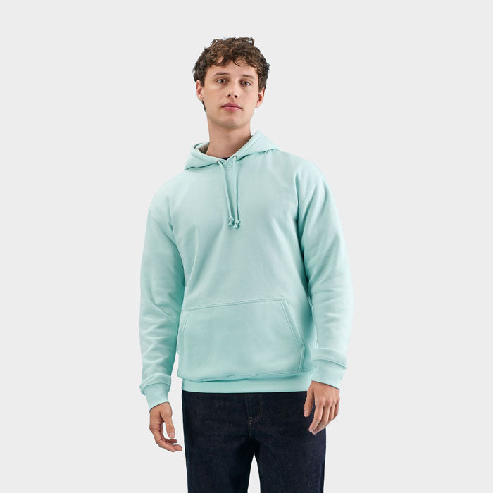 Model wearing a branded recycled pullover hoodie