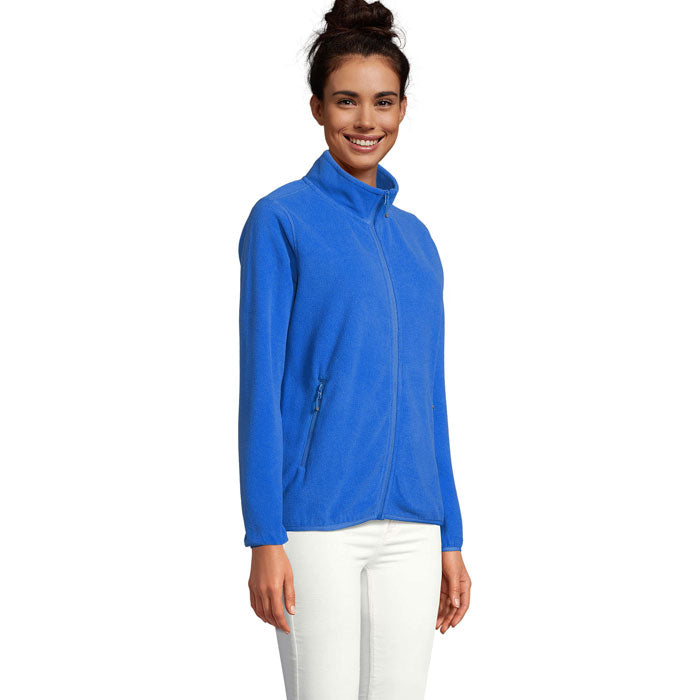 Branded women's microfleece zip jacket, side view