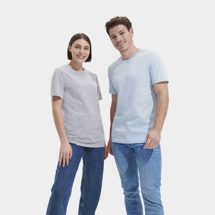 Model wearing a branded US cotton t-shirt