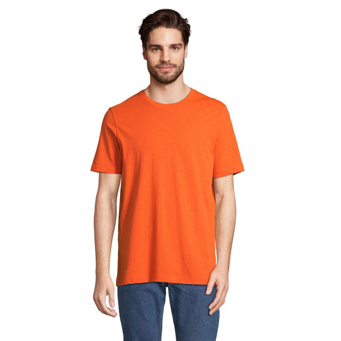 Orange branded US cotton t-shirt, front view