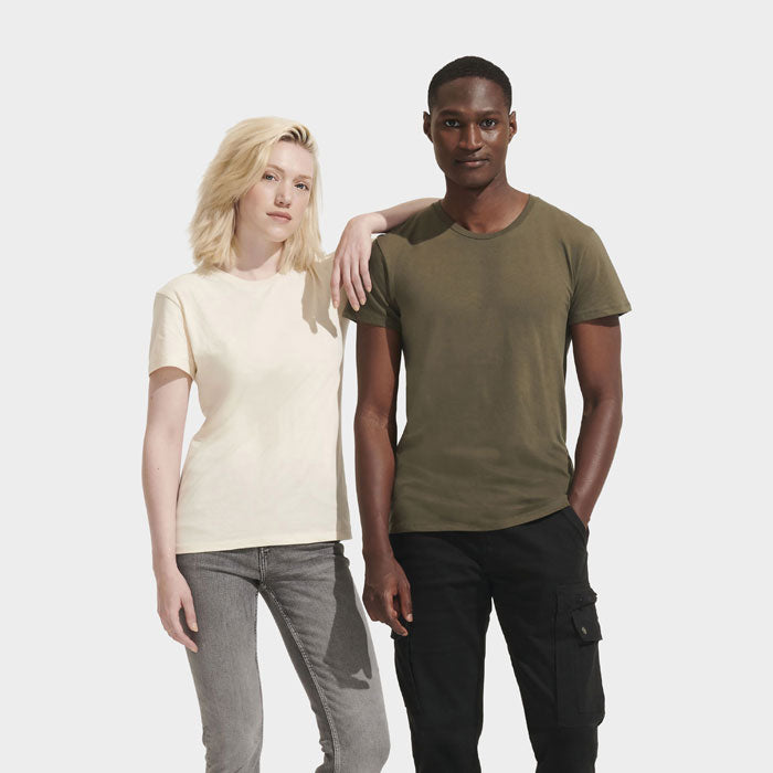 Model wearing a branded recycled cotton t-shirt