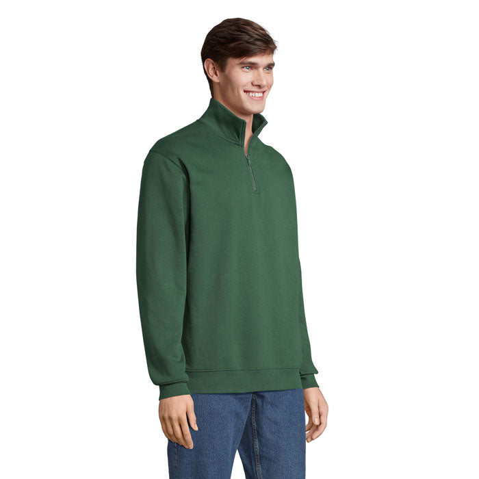 Branded quarter-zip sweatshirt, side view