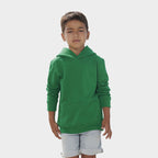 Model wearing a branded kids pullover hoodie