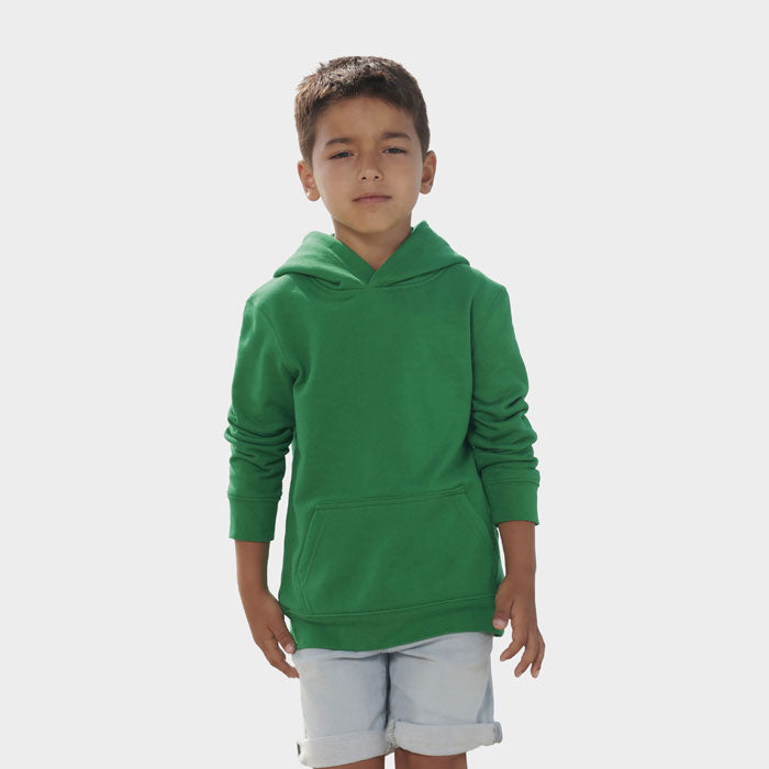 Model wearing a branded kids pullover hoodie