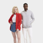 Model wearing a branded full-zip sweatshirt