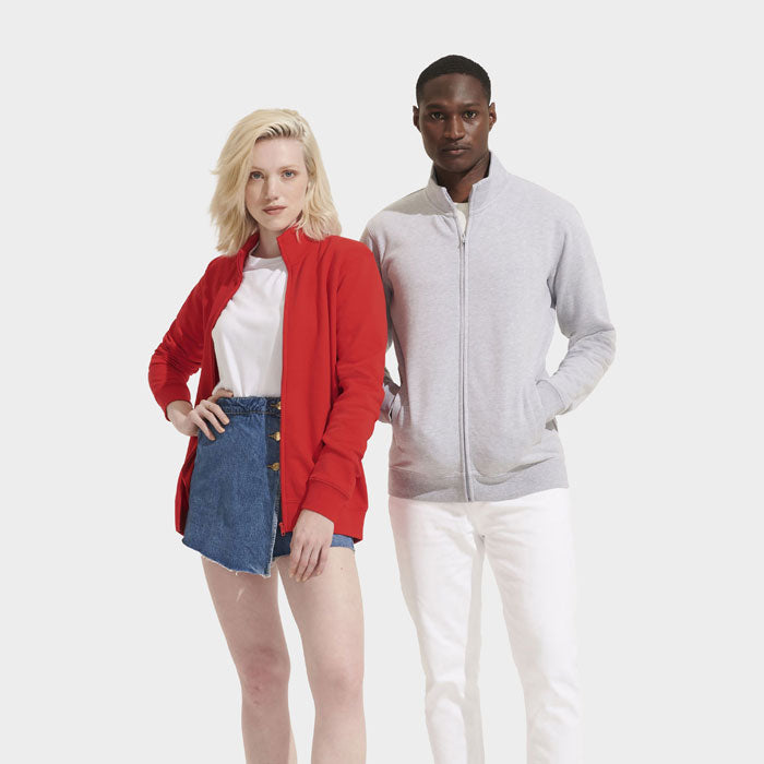Model wearing a branded full-zip sweatshirt