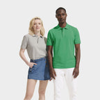 Model wearing a branded organic cotton polo shirt