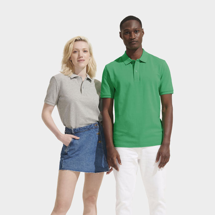 Model wearing a branded organic cotton polo shirt
