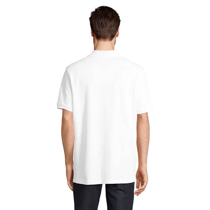 White organic cotton polo shirt, back view