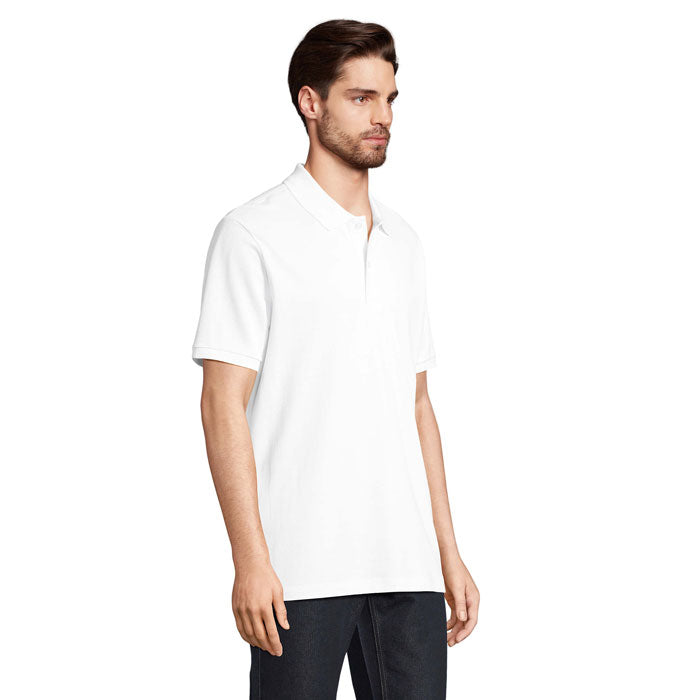 White organic cotton polo shirt, side view