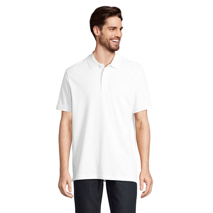 White organic cotton polo shirt, front view