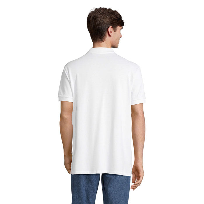 White stretch fit men's polo shirt, back view