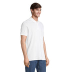White stretch fit men's polo shirt, side view