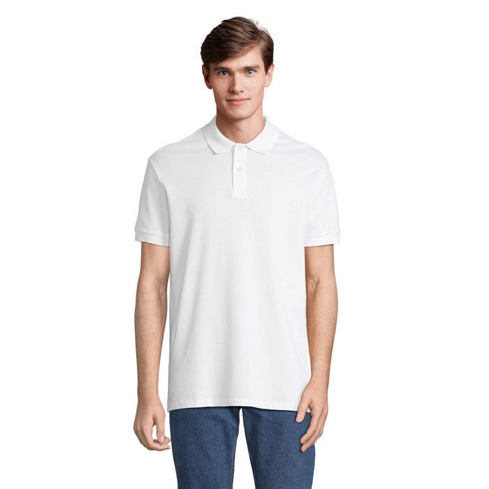 White stretch fit men's polo shirt, front view