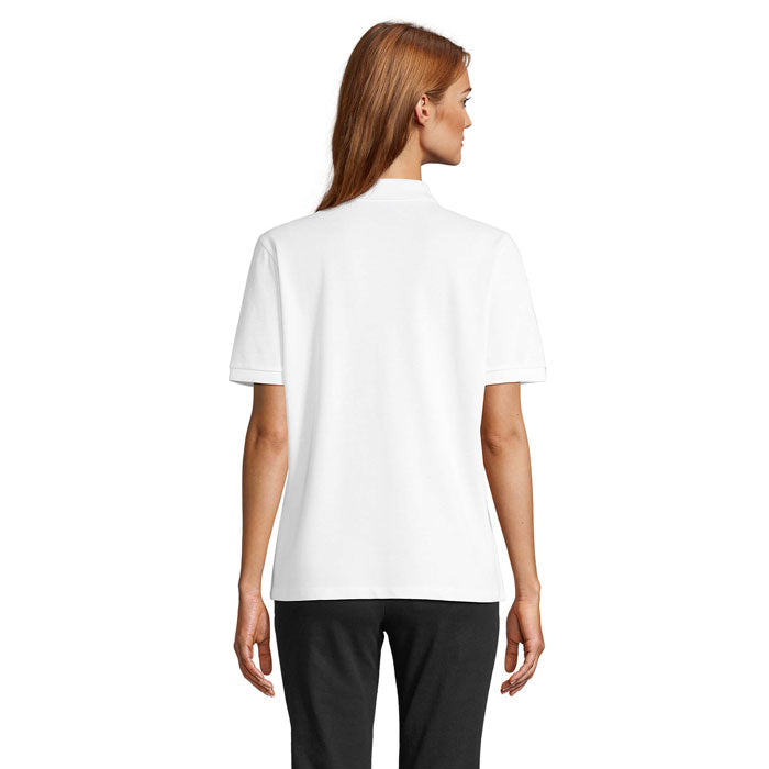 White stretch fit women's polo shirt, back view