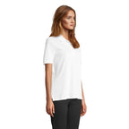 White stretch fit women's polo shirt, side view